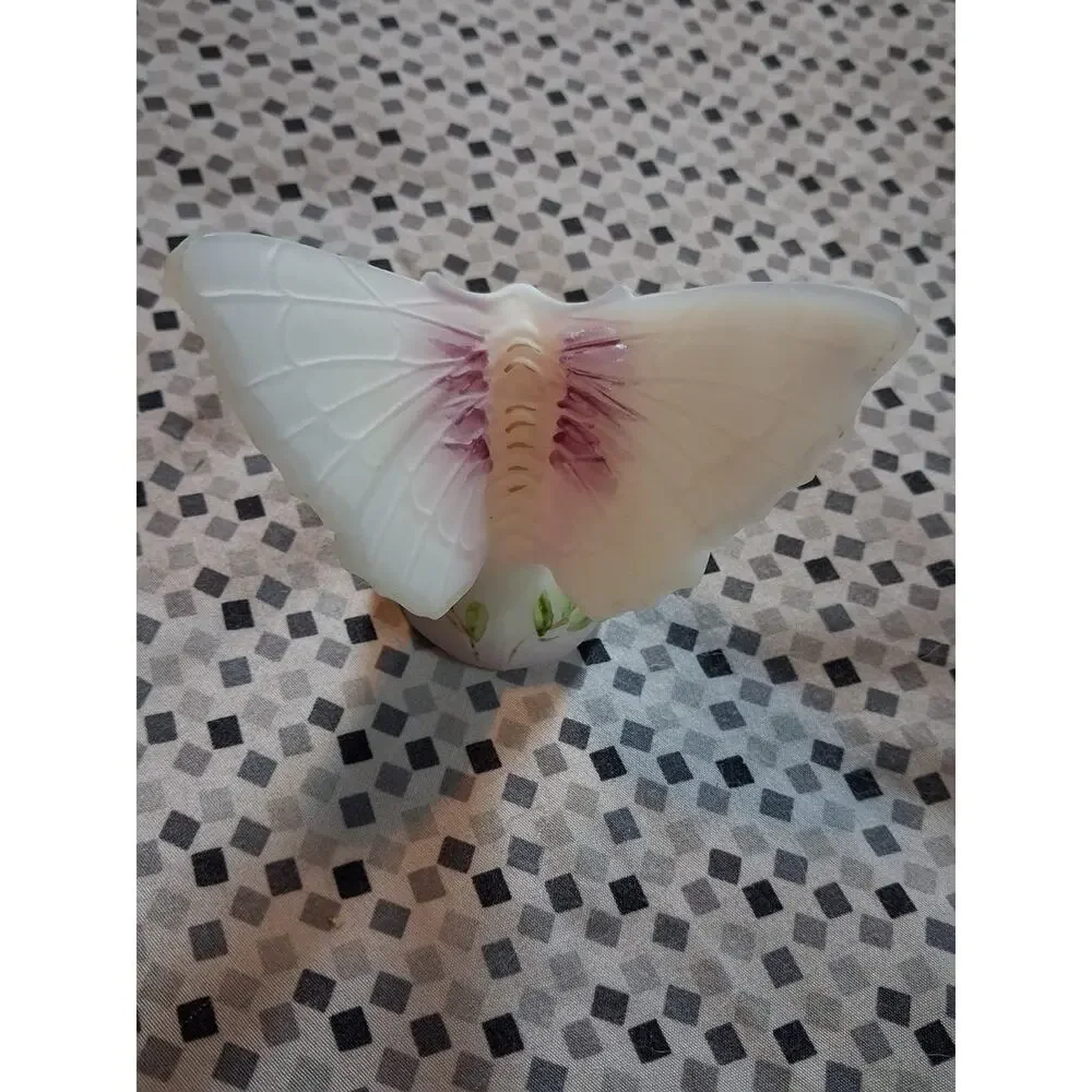 Fenton White Satin Hand Painted Butterfly Signed Figurine Statue Sculpture 3
